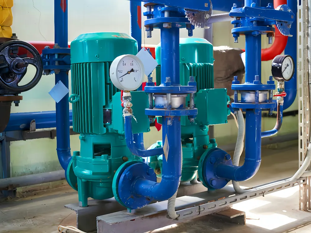 Two teal vertical inline pumps with electric motors, connected to blue flanged pipework with pressure gauges and a valve handwheel